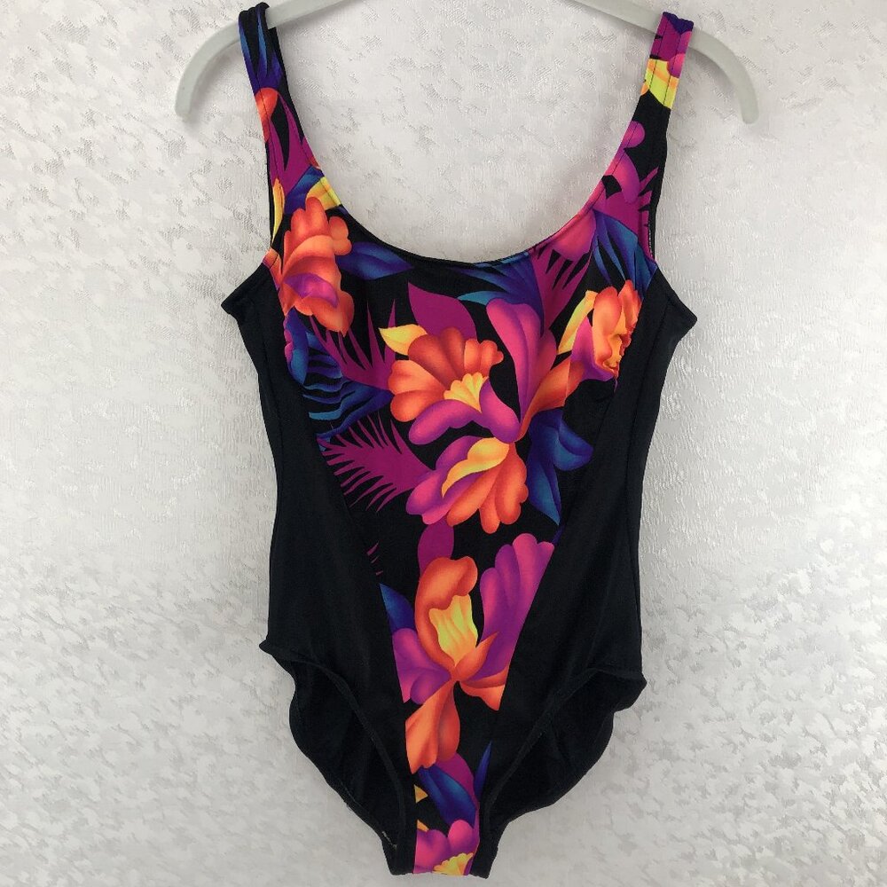 A&H Sportswear One-Piece Swimsuit Black with Bright Multicolor Floral Pattern